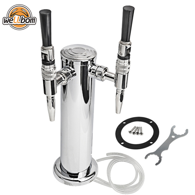 Homebrew Two Taps Silver Chrome plated Beer Tower with double Stainless Steel Nitrogen Nitro Tap Draft Beer Dispensing